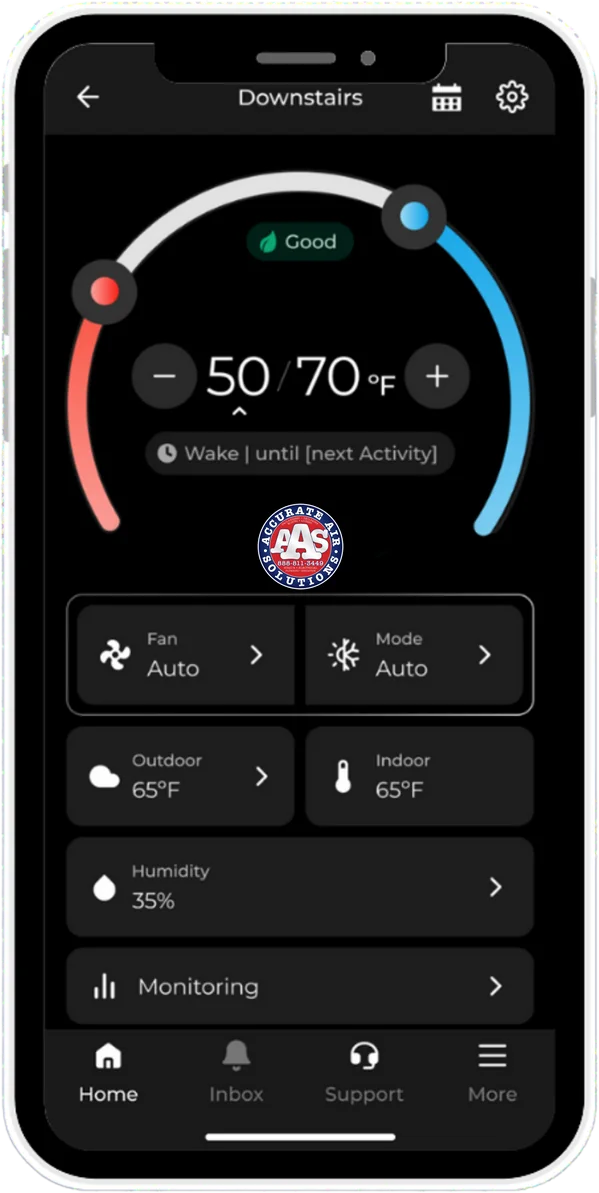 The AccuStat phone app showing the setpoint range, fan and system mode, outdoor and indoor temperature, humidity, and a monitoring section.