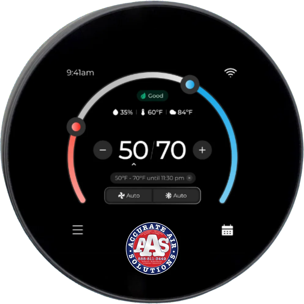 The AccuStat smart thermostat on its home screen, showing a 50 to 70 degree setpoint range, indoor and outdoor temperature, humidity, and an air quality indicator