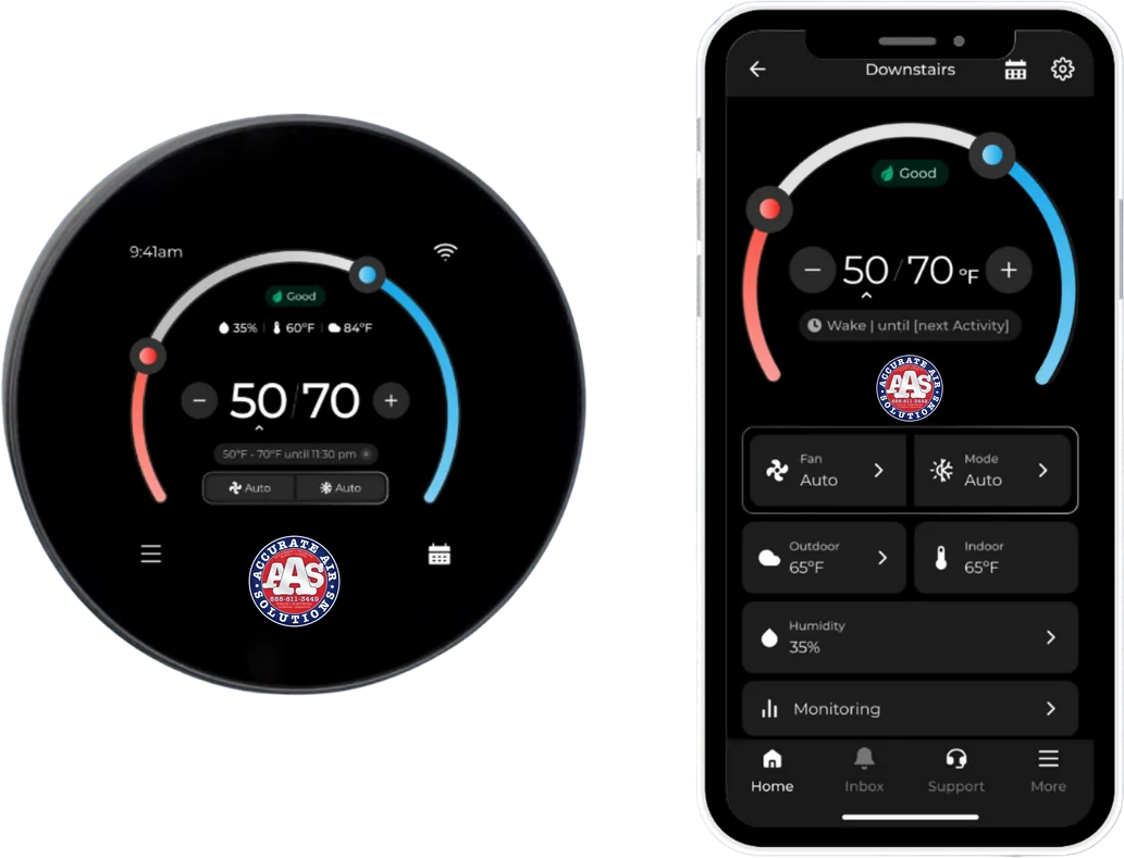 The AccuStat smart thermostat and its companion phone app, showing dual heating and cooling setpoints, humidity, and system monitoring.